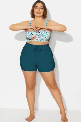 Plus Size Cyan Blue Mid Waist Women Shorts