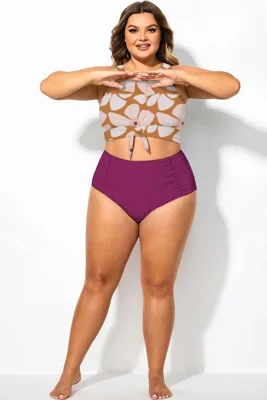 Plus Size Rose Red Pleated High Waist Swim Bottom