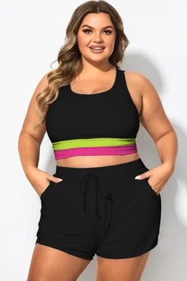 Plus Size Pink And Green Contrast Patchwork Bikini Top