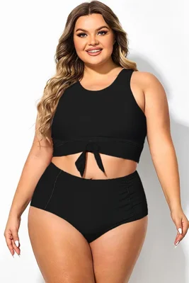 Plus Size Solid Black Knotted Crop Bikini Top