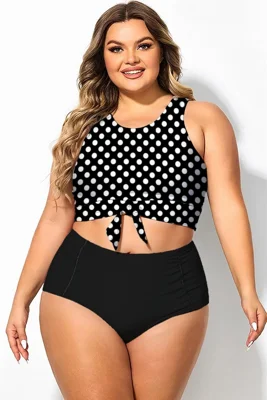 Plus Size Black Polka Dot Knotted Crop Bikini Top