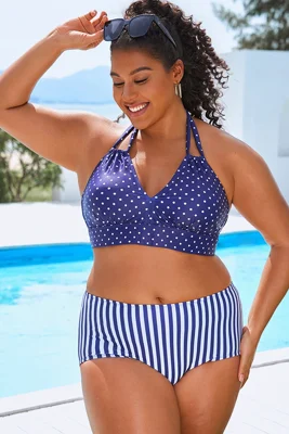 Blue Polka Dots Printed Halter Sexy Bikini Top