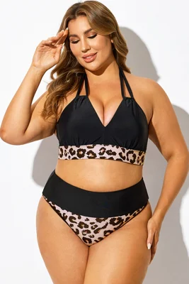 Leopard Print V-Neck Halter Sexy Bikini Top
