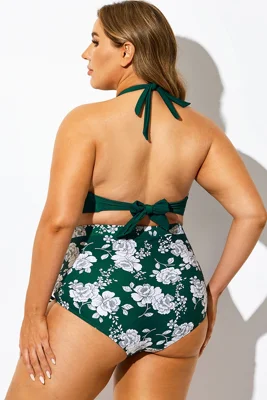 Green Floral Printed V-Neck...