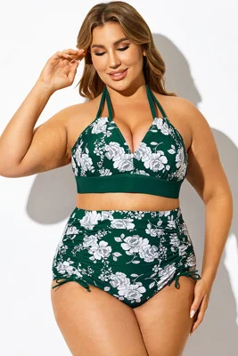 Green Floral Printed V-Neck Halter Sexy Bikini Top