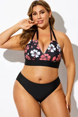 Black Floral Print Halter...