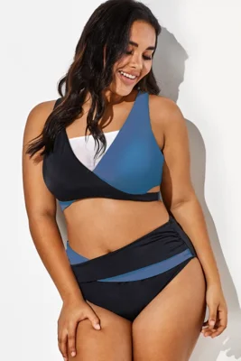 V-Neck Colorblock Stylish Wrap Swimsuits Bikini Top 