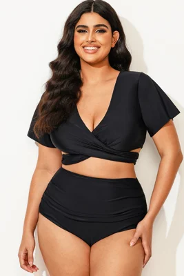 Black Solid V-Neck Ruched...