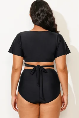 Black Solid V-Neck Ruched...