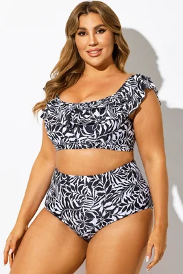 Black & White Palms Ruffle Bikini Top