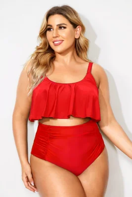 Red Adjustable Scoop Neck Straps Bikini Top