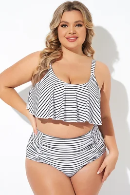 Black and White Stripes Scoop Neck Bikini Top