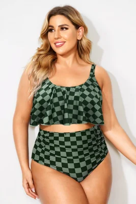 Green Plaid Sexy Scoop Neck Bikini Top