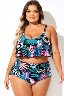 Tropical Print Round Neck Swim Ruffled Bikini Top