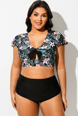 Tropical Print Retro Women Bikini Top With Sleeves