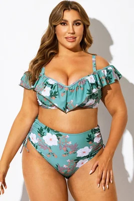 Green Floral Ruffled Underwire Women Bikini Top