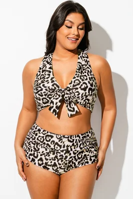 Leopard Print V-Neck Knot Bikini Top