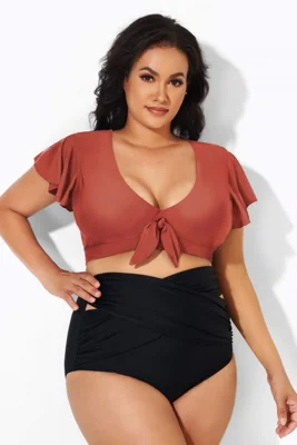 Orange Flutter Sleeve Tie Front Swim Bikini Top