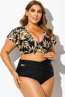 Plant Print Flutter-Sleeve Swim Bikini Top