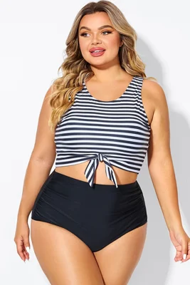 Black & White Striped Knotted Crop Bikini Top