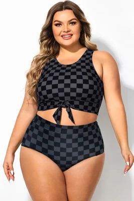 Black Grey Check Knotted Crop Bikini Top