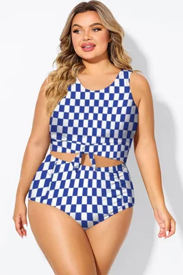Blue & White Check Knotted Crop Bikini Top
