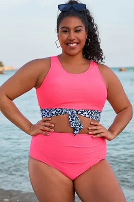 Leopard Print Stitching Knotted Crop Bikini Top