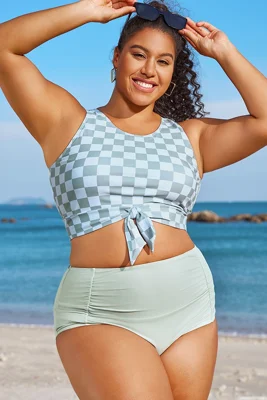 Plus Size White Check Knotted Crop Bikini Top