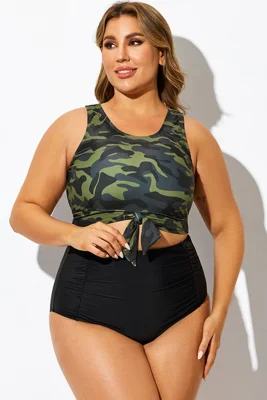 Green Camo Knotted Crop Bikini Top