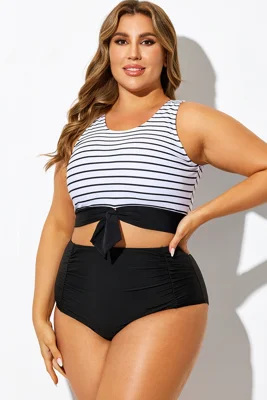 Black & White Stripe Print Knotted Bikini Top