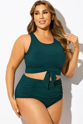 Solid Green Knotted Crop Bikini Top