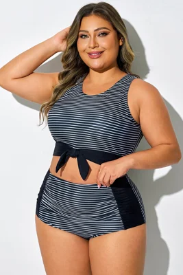 Plus Size Black Stripes Knotted Crop Bikini Top
