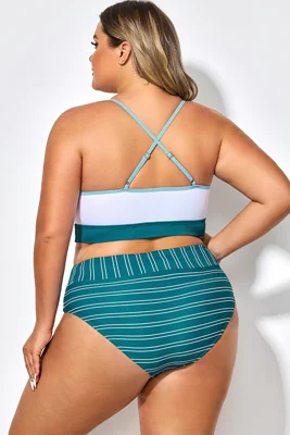 Teal Striped Women Bikini Top