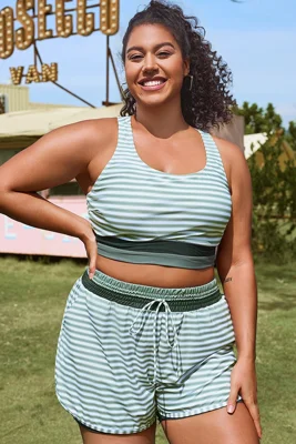 Plus Size Green Striped Patchwork Bikini Top