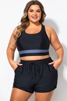 Plus Size Round Neck Black Patchwork Bikini Top