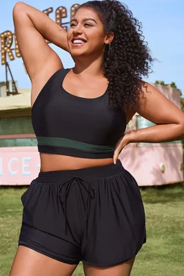 Plus Size Round Neck Green Patchwork Bikini Top