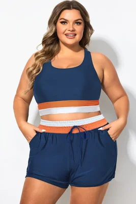 Plus Size Round Neck Blue Patchwork Bikini Top