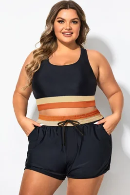 Plus Size Round Neck Orange Patchwork Bikini Top
