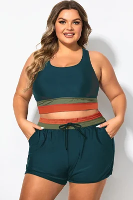Plus Size Round Neck Colorblock Patchwork Bikini Top