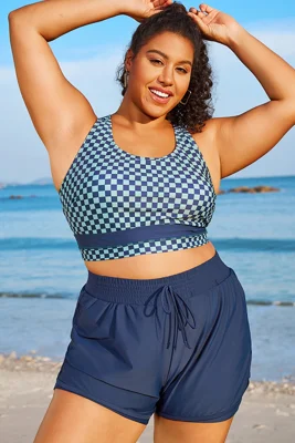 Blue Check Round Neck Patchwork Bikini Top