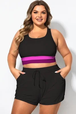 Plus Size Pink Contrast Patchwork Bikini Top
