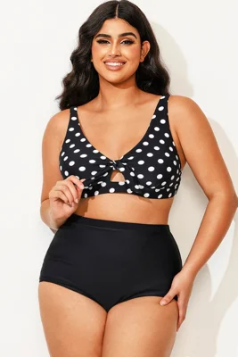 Polka Dot V neck Front Knot Bikini Top