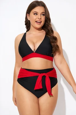 Black and Red V neck Bikini Top