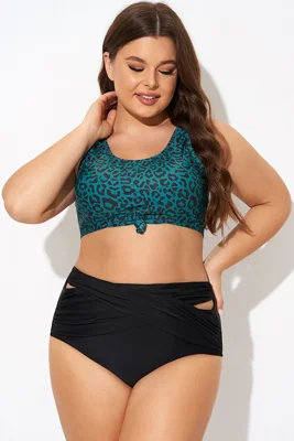 Green Leopard Print Knot Swim Bikini Top