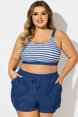 Plus Size Squaue Neck Navy stripe Bikini Top