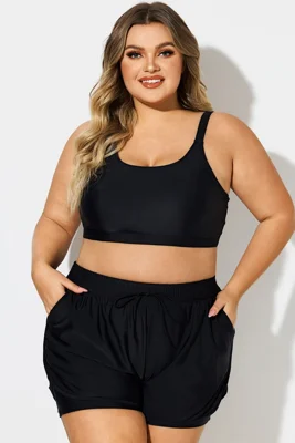 Plus Size Black Round Neck Bikini Top