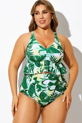 Green Floral Print V-Neck Ruffle Trim Bikini Top