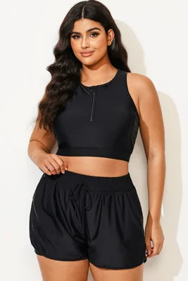 Plus Size Black Half Zip Crop Bikini Top