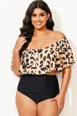 Leopard Print Ruffle Off Shoulder Bikini Top