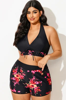 Floral Printed V-Neck Halter Sexy Bikini Top